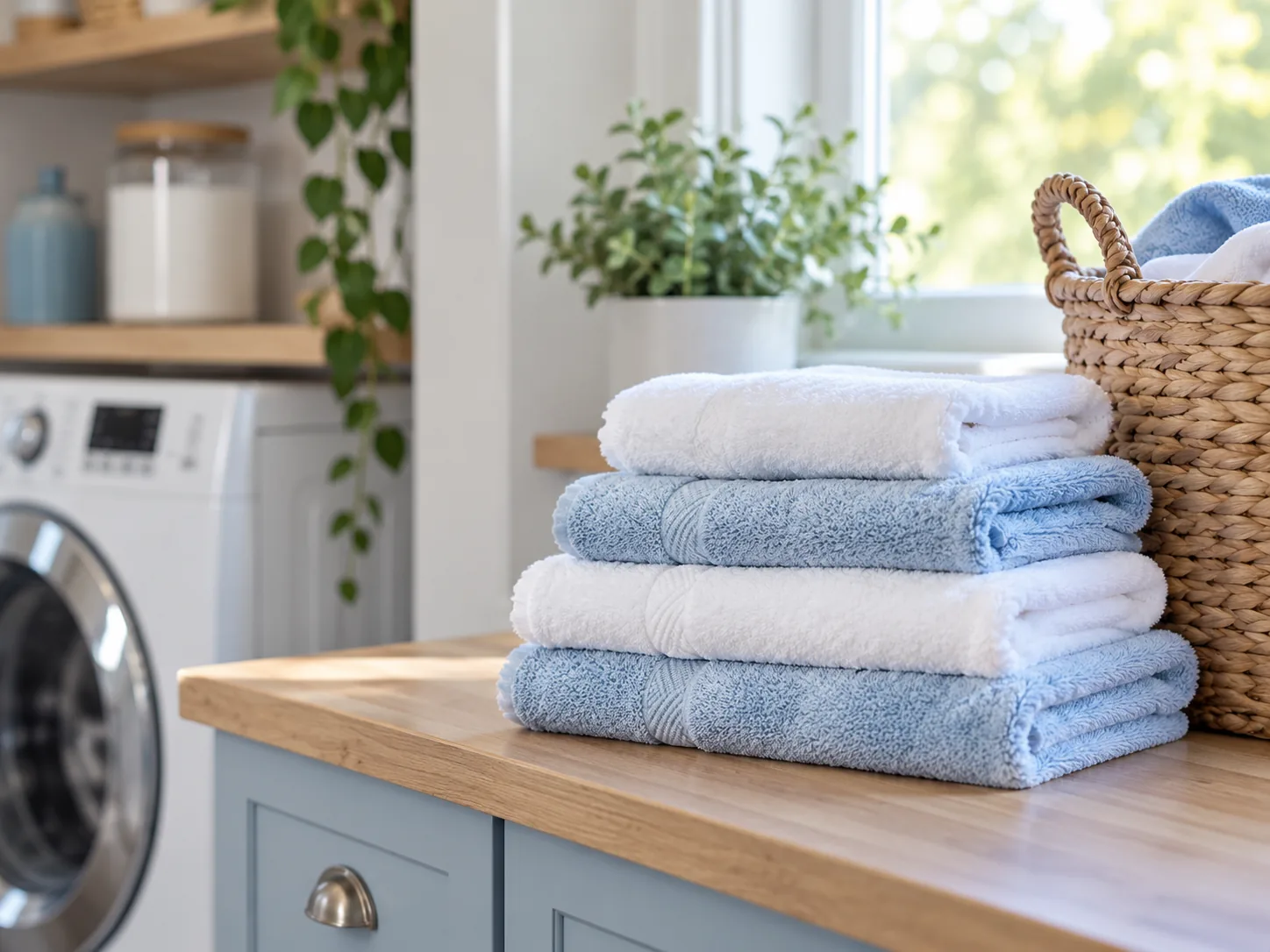 Freshly folded white and pale blue towels beside a laundry basket.